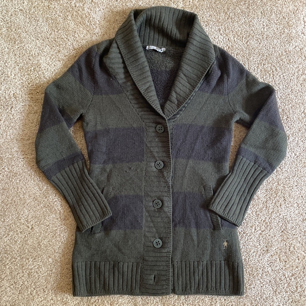 SMARTWOOL Hot Springs Cardigan Button Up Green Stripe 100% Merino Wool